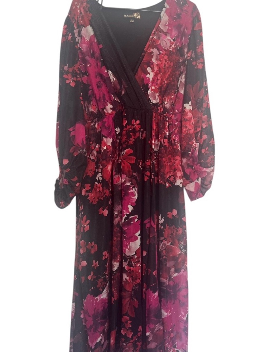 Studio 1940 Floral Wrap Maxi Dress in Black and Magenta